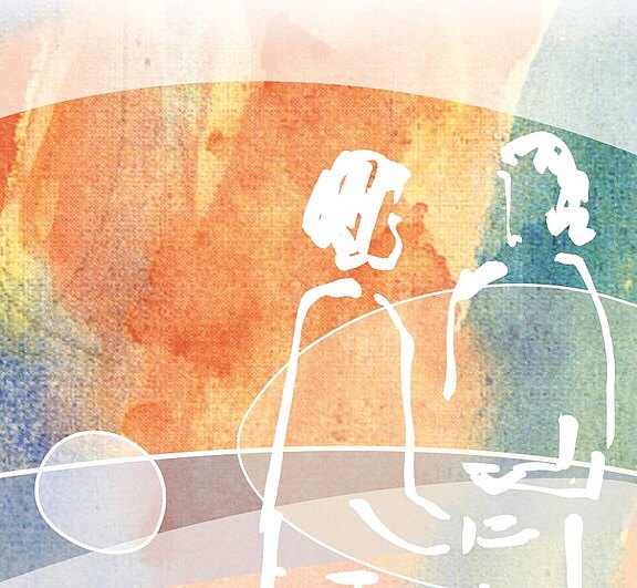 Abstraktes Wasserfarben-Bild mit zwei weißen Umrissen von Menschen